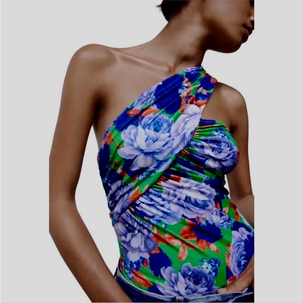 ZARA Bright Floral Vacation Vibes Asymmetrical Bodysuit